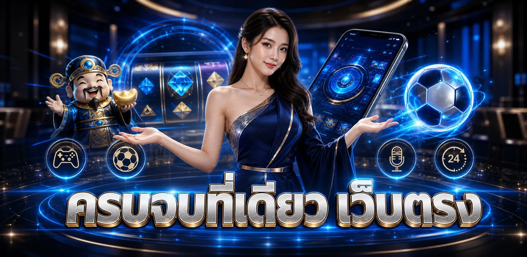 แบนเนอร์ AK56 เว็บตรงโทนน้ำเงินทองพร้อมเกมและบริการ